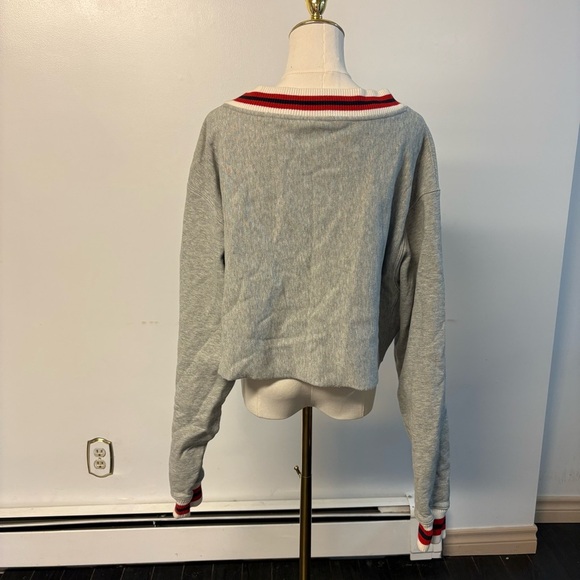 Champion Gray V-Neck Sweater with Red and White Accents Cropped - Picture 4 of 5